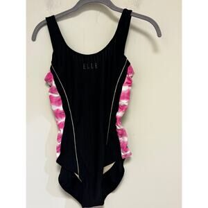 Vintage ELLE One Piece Swimsuit Black Pink Sides Pinstripe Scoop Back